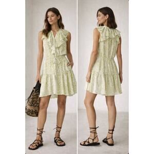 AllSaints Ali Noche Snake Print Ruffle Tie Waist Dress Green White Size 0